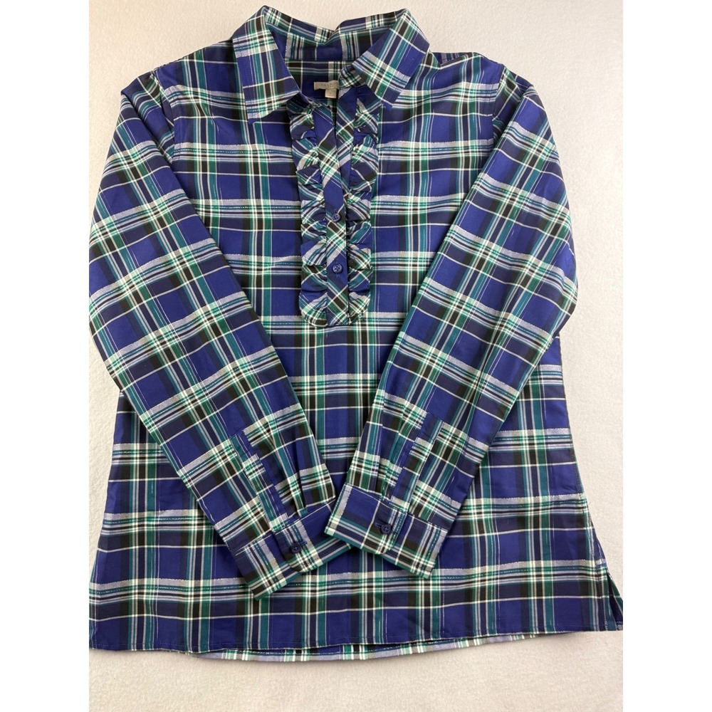 Talbots Womens Plaid Ruffle Button Down Shirt Blue Green White Size‎ Small